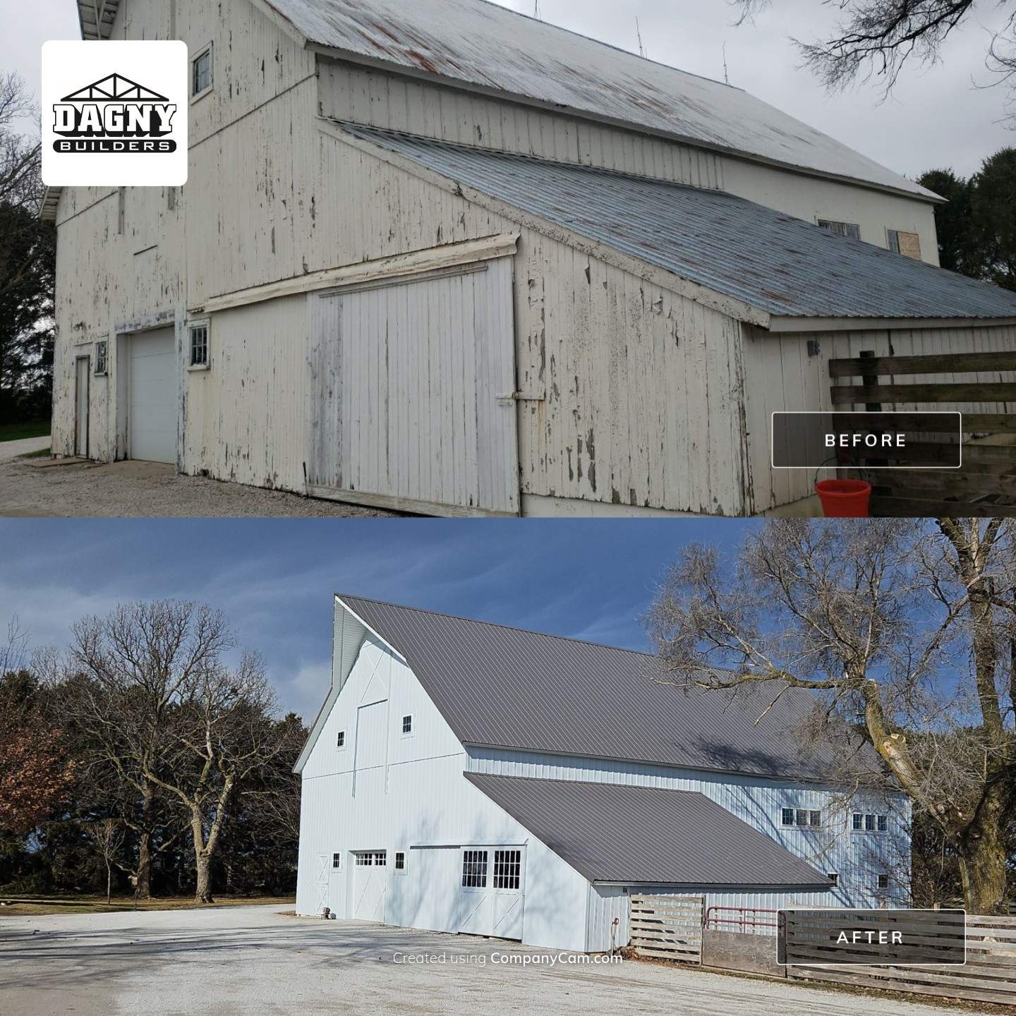 Horse Barn Restoration with Board and Batten Siding Before and After Picture